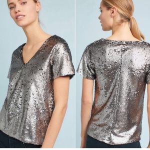 Anthropologie Vanessa Virginia Sequined V-Neck Top Silver Small